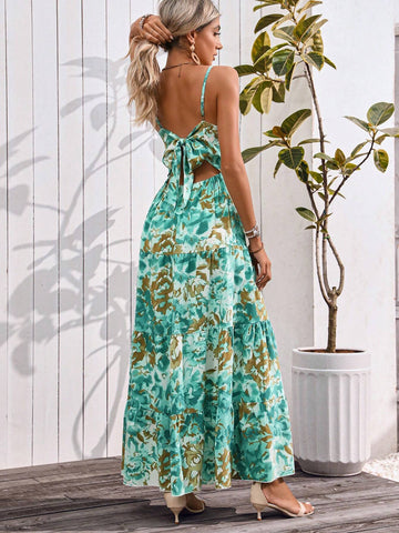 Vacation Style Allover Print Strap Low Back Dress For Leisure