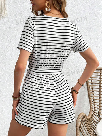 Vacation Style Black & White Striped V-Neck Short Sleeve Knitted Casual Jumpsuit
