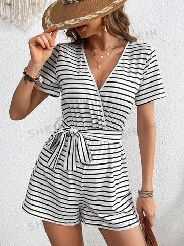 Vacation Style Black & White Striped V-Neck Short Sleeve Knitted Casual Jumpsuit