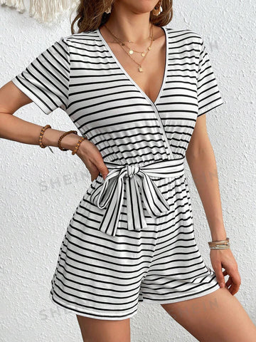 Vacation Style Black & White Striped V-Neck Short Sleeve Knitted Casual Jumpsuit