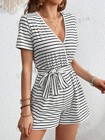 Vacation Style Black & White Striped V-Neck Short Sleeve Knitted Casual Jumpsuit