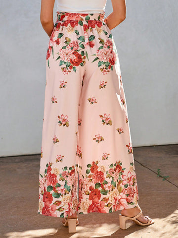 VCAY Vacation Style Flower Printed Wide Leg Pants