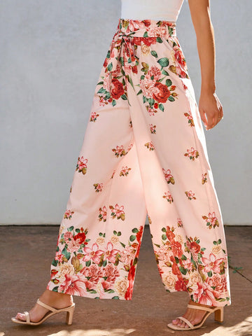 VCAY Vacation Style Flower Printed Wide Leg Pants
