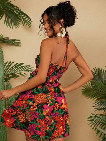 VCAY Vacation Style Fruit & Flower Printed Halter Neck Dress