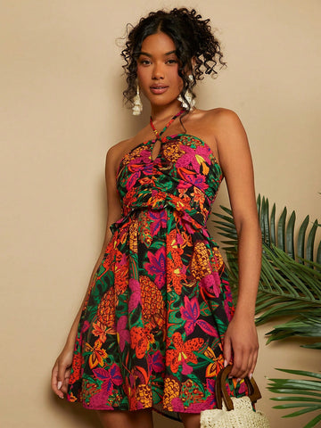 VCAY Vacation Style Fruit & Flower Printed Halter Neck Dress
