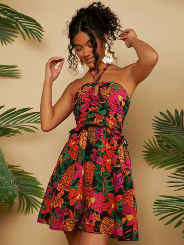 VCAY Vacation Style Fruit & Flower Printed Halter Neck Dress