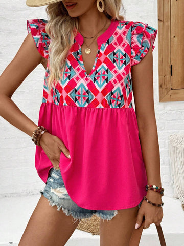 VCAY Vacation Style Geometric Floral Patchwork Notched Neck Cap Sleeve Blouse