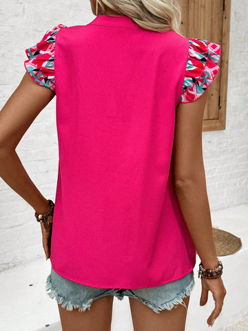 VCAY Vacation Style Geometric Floral Patchwork Notched Neck Cap Sleeve Blouse