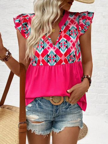 VCAY Vacation Style Geometric Floral Patchwork Notched Neck Cap Sleeve Blouse