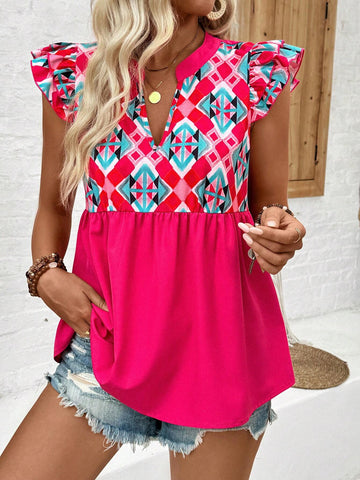 VCAY Vacation Style Geometric Floral Patchwork Notched Neck Cap Sleeve Blouse