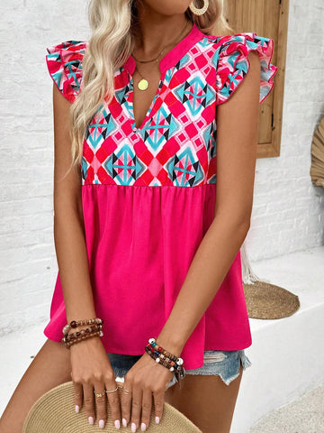 VCAY Vacation Style Geometric Floral Patchwork Notched Neck Cap Sleeve Blouse