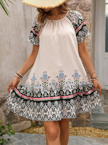 Vacation Style Print & Patchwork Raglan Sleeve Sleeve Dress