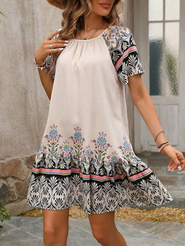Vacation Style Print & Patchwork Raglan Sleeve Sleeve Dress