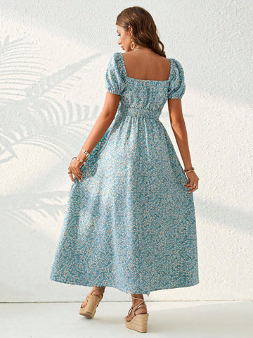 Vacation Style Square Neck Bubble Sleeve Floral Print Maxi Dress With Smocked Waist For Women
