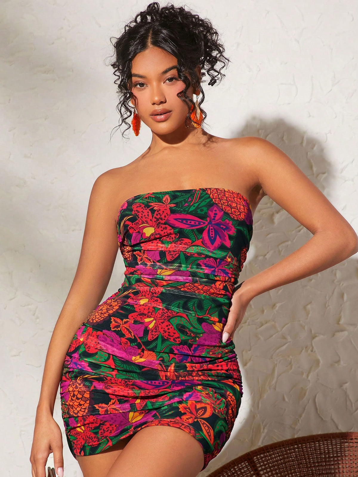 VCAY Vacation Style Strapless Pleated Floral Knit Mesh Dress For Women