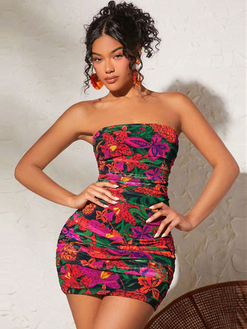 VCAY Vacation Style Strapless Pleated Floral Knit Mesh Dress For Women