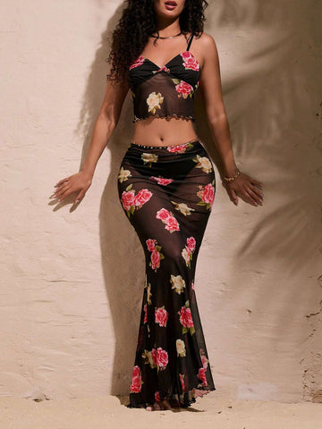 Vacation Style Women's Floral Printed Camisole Top And Skirt Set