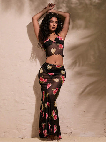 Vacation Style Women's Floral Printed Camisole Top And Skirt Set