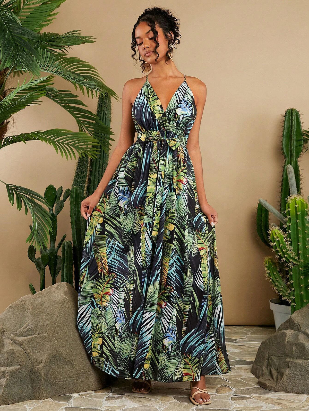 Vacation Summer Spaghetti Strap Backless Long Bodycon Dress For Women, Featuring Tropical Banana Leaf Jacquard Pattern