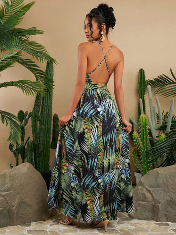 Vacation Summer Spaghetti Strap Backless Long Bodycon Dress For Women, Featuring Tropical Banana Leaf Jacquard Pattern