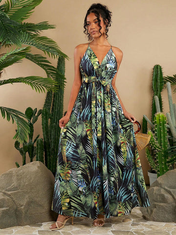 Vacation Summer Spaghetti Strap Backless Long Bodycon Dress For Women, Featuring Tropical Banana Leaf Jacquard Pattern