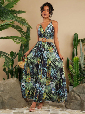 Vacation Summer Spaghetti Strap Backless Long Bodycon Dress For Women, Featuring Tropical Banana Leaf Jacquard Pattern