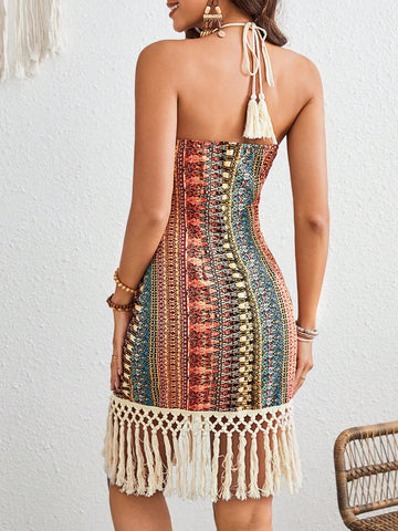 Vacation Themed All Over Print Halter Neck Dress