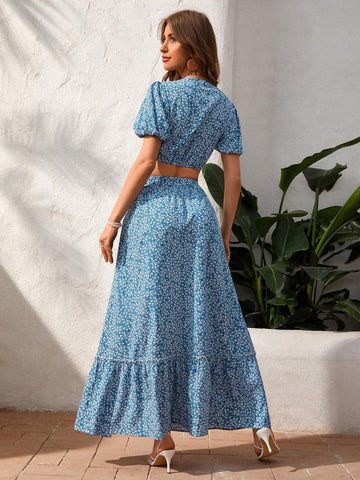 Vacation Weave Light Blue Background White Floral Puff Sleeve Women's Two-Piece Set