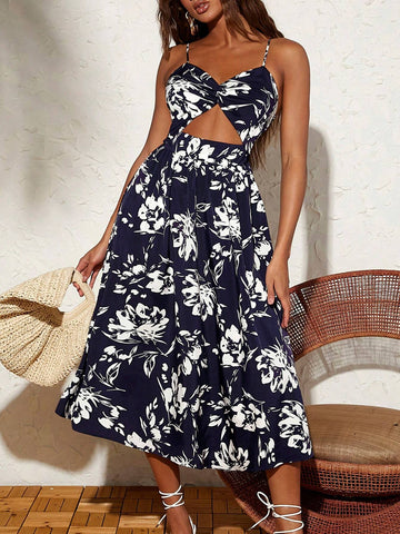 Vacation Women's Floral Print High Waist Cut Out Long Cami Dress
