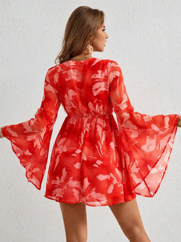 Vacation Women's Tie-Dye Printed Deep V-Neck Summer Dress With Knot Detail