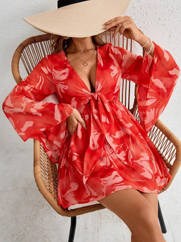 Vacation Women's Tie-Dye Printed Deep V-Neck Summer Dress With Knot Detail