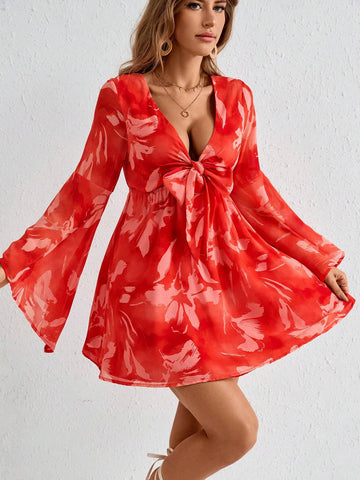 Vacation Women's Tie-Dye Printed Deep V-Neck Summer Dress With Knot Detail