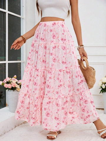 VCAY Vacation Woven Floral Print High Waist Loose Skirt For Women