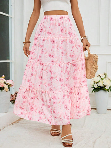 VCAY Vacation Woven Floral Print High Waist Loose Skirt For Women