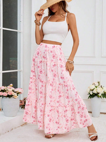 VCAY Vacation Woven Floral Print High Waist Loose Skirt For Women
