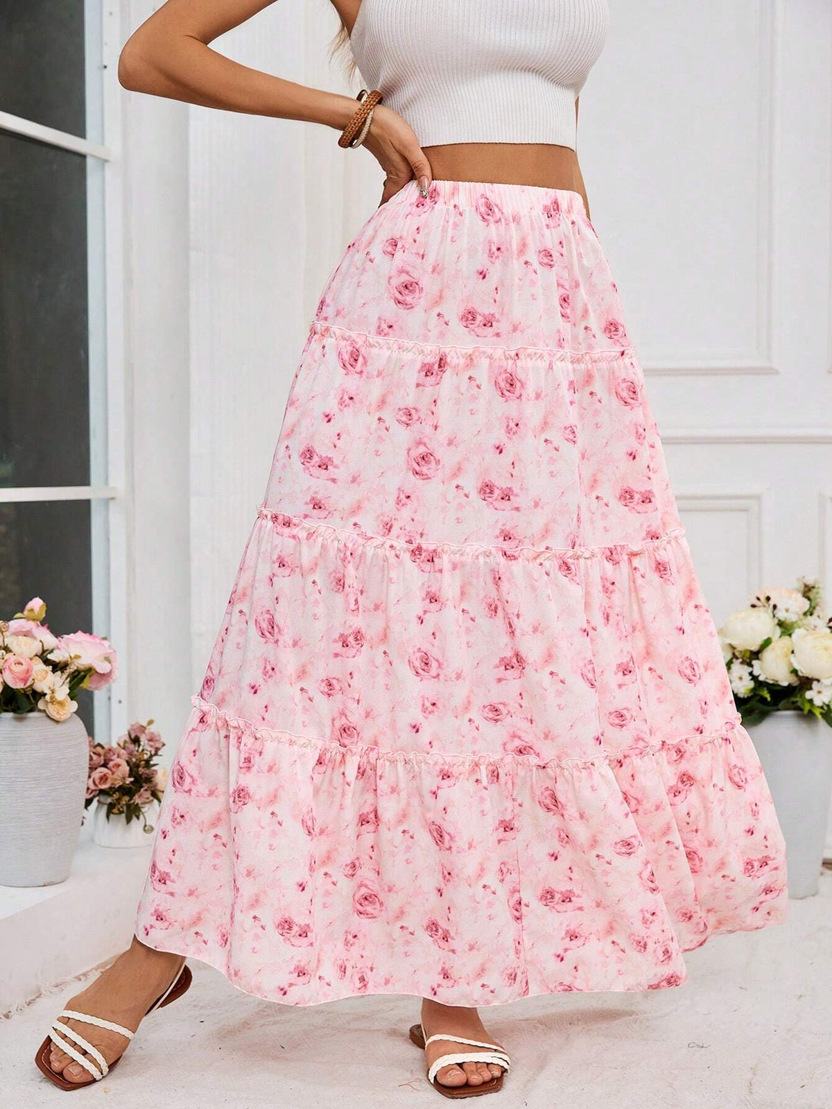 VCAY Vacation Woven Floral Print High Waist Loose Skirt For Women