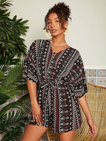 Vacation Woven Loose Fit Women's Geometric Print Romper