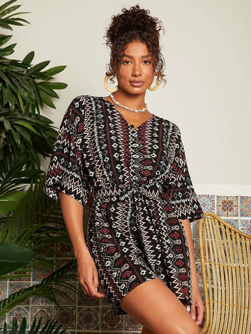 Vacation Woven Loose Fit Women's Geometric Print Romper