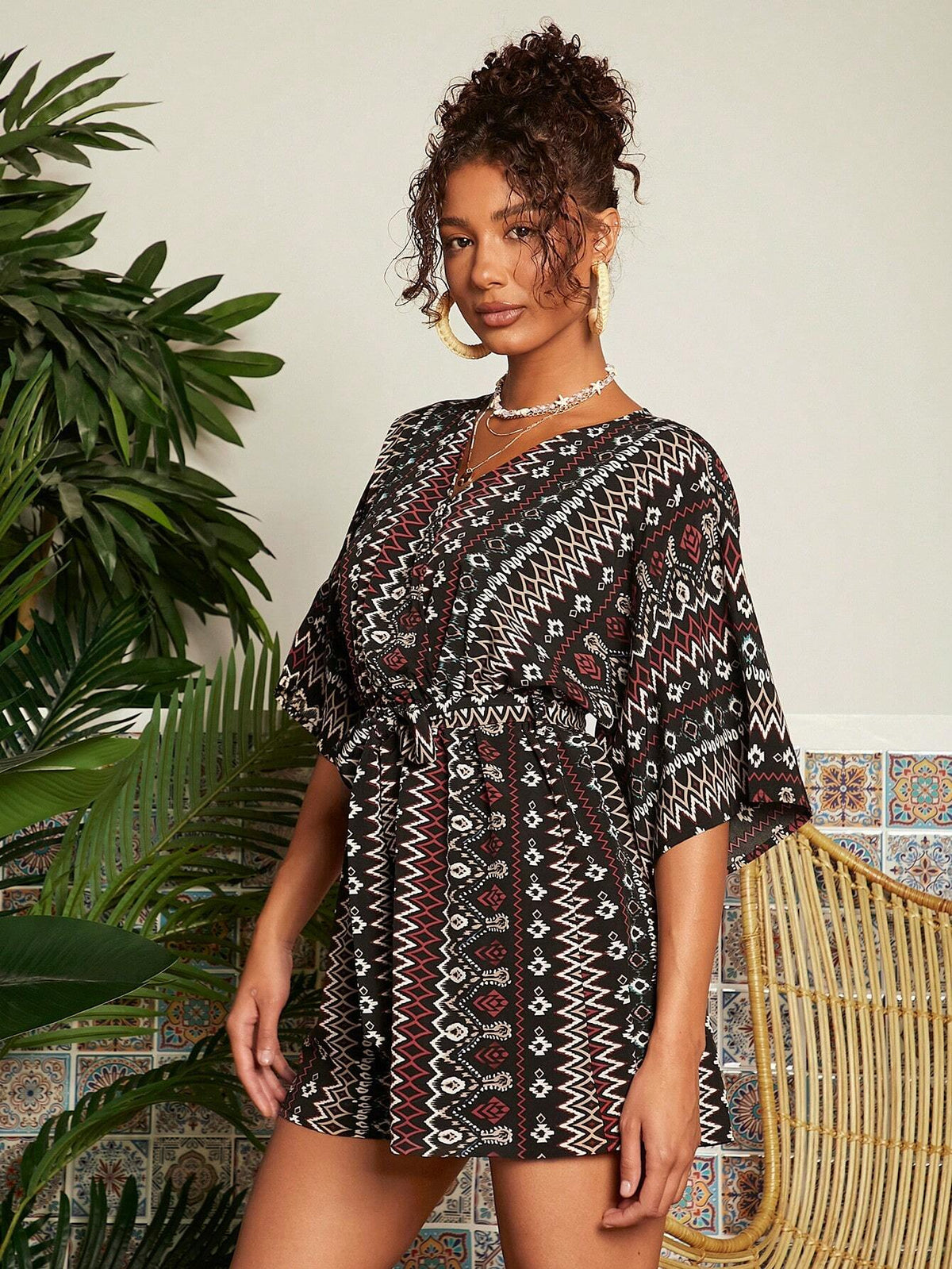 Vacation Woven Loose Fit Women's Geometric Print Romper