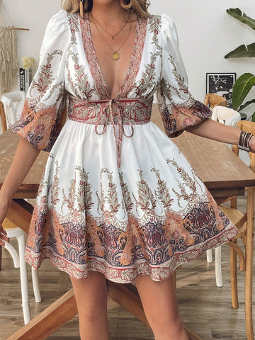 Vacation Woven Pattern Tie-Up Lantern Sleeve Mini Dress For Women