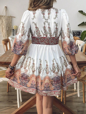 Vacation Woven Pattern Tie-Up Lantern Sleeve Mini Dress For Women