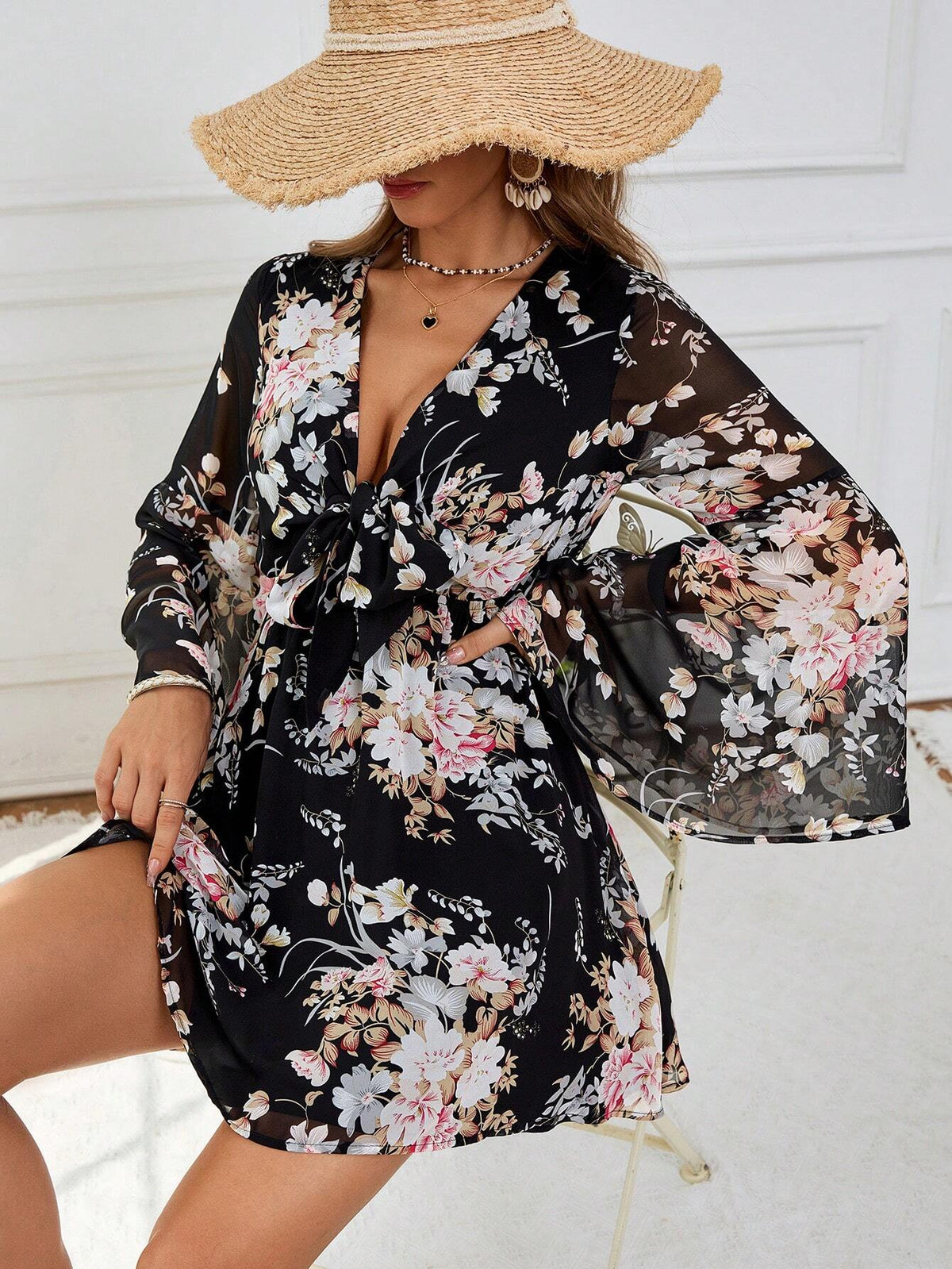 Vacation Woven Printed V-Neck Bell Sleeve Bodycon Mini Dress For Women