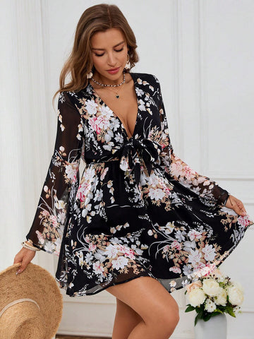 Vacation Woven Printed V-Neck Bell Sleeve Bodycon Mini Dress For Women