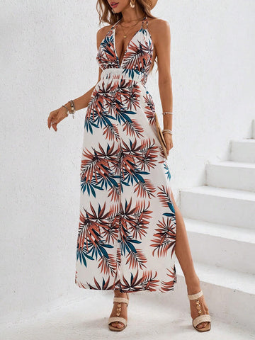 Vacation Woven Tropical Plant Printed Halter Backless Jumpsuit For Women