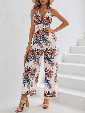 Vacation Woven Tropical Plant Printed Halter Backless Jumpsuit For Women