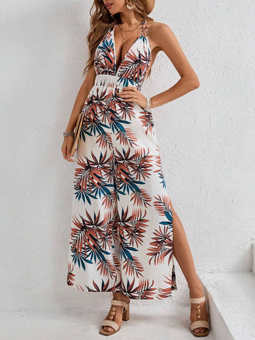 Vacation Woven Tropical Plant Printed Halter Backless Jumpsuit For Women