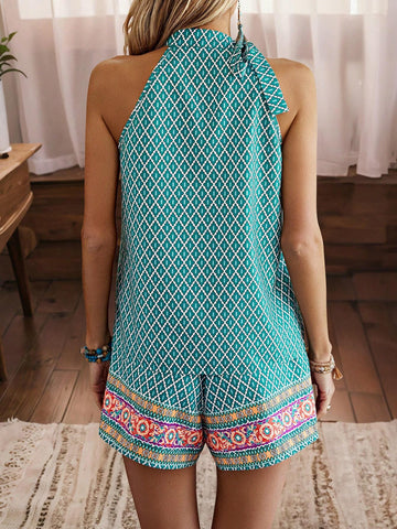 Vacation & Leisure Random Printed Halter Top And Shorts Set