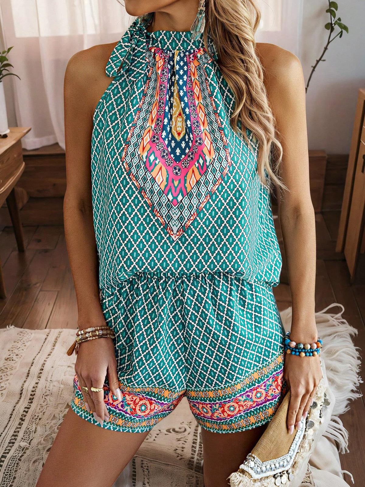 Vacation & Leisure Random Printed Halter Top And Shorts Set