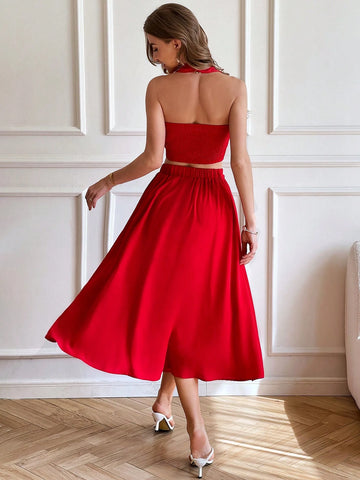 Valentine Day Two Piece Set Women,Solid Color Woven Cropped Halter Top & High Waist Loose A-Line Skirt For Women