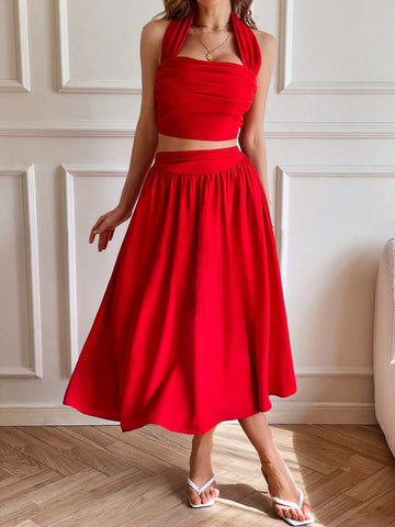 Valentine Day Two Piece Set Women,Solid Color Woven Cropped Halter Top & High Waist Loose A-Line Skirt For Women